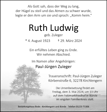 Traueranzeige von Ruth Ludwig von Westfalen Blatt