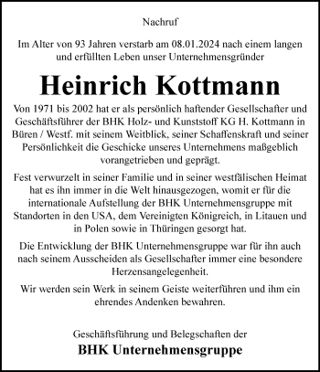 Traueranzeige von Heinrich Kottmann von Westfalen Blatt