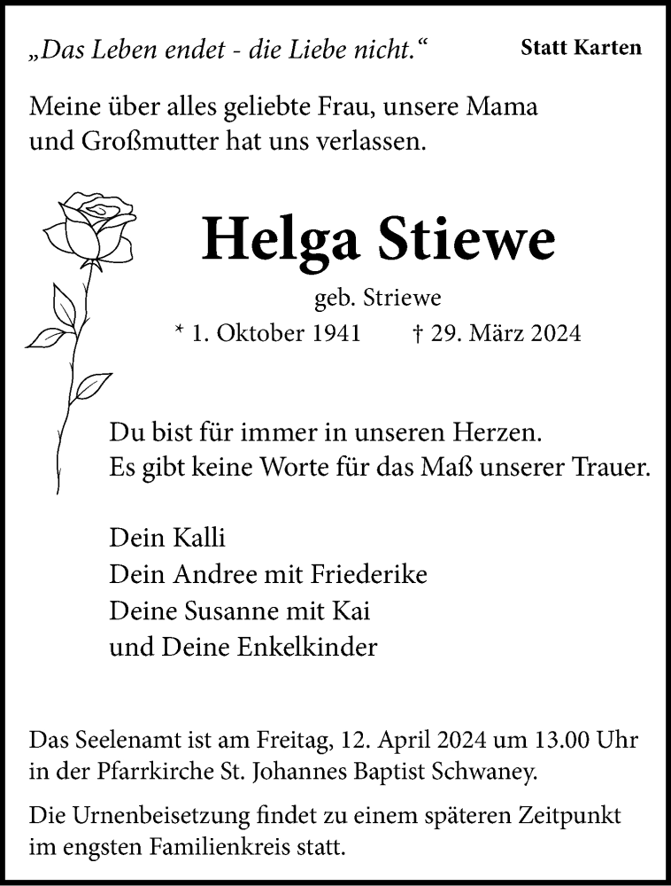  Traueranzeige für Helga Stiewe vom 06.04.2024 aus Westfalen Blatt