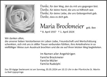 Traueranzeige von Maria Brockmeier von Westfalen Blatt