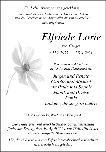 Traueranzeige von Elfriede Lorie von Westfalen Blatt