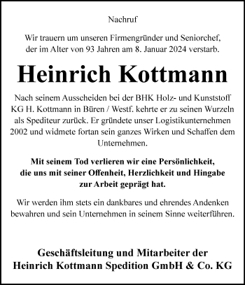 Traueranzeige von Heinrich Kottmann von Westfalen Blatt