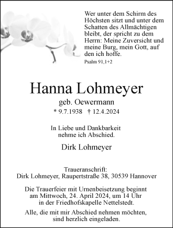 Traueranzeige von Hanna Lohmeyer von Westfalen Blatt