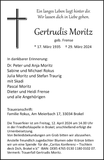 Traueranzeige von Gertrudis Moritz von Westfalen Blatt