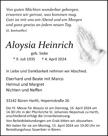 Traueranzeige von Aloysia Heinrich von Westfalen Blatt