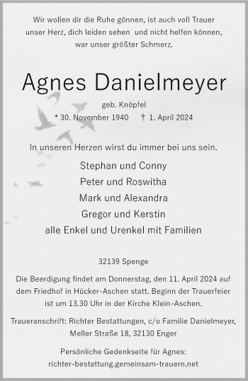 Traueranzeige von Agnes Danielmeyer von Westfalen Blatt