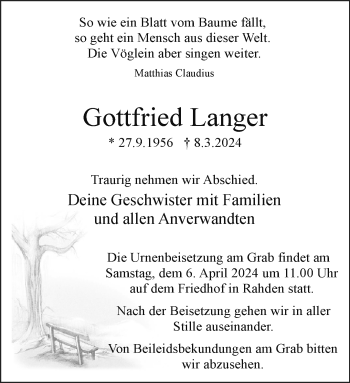 Traueranzeige von Gottfried Langer von Westfalen Blatt