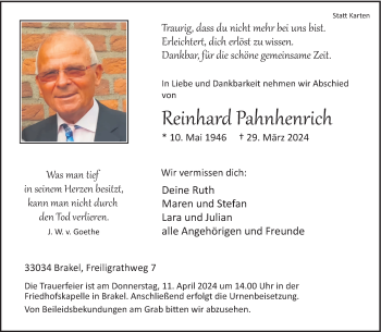 Traueranzeige von Reinhard Pahnhenrich von Westfalen Blatt