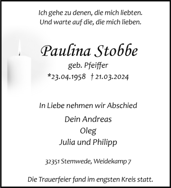 Traueranzeige von Paulina Stobbe von Westfalen Blatt