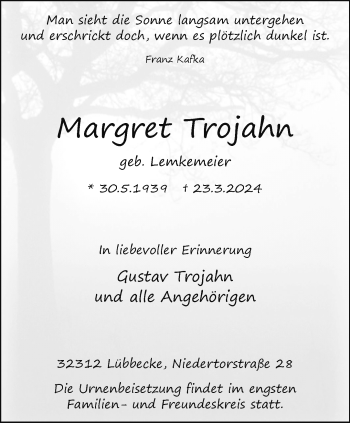 Traueranzeige von Margret Trojahn von Westfalen Blatt