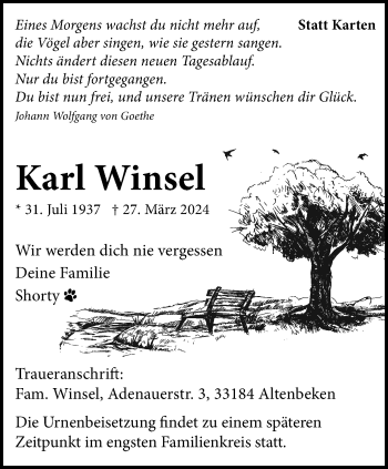 Traueranzeige von Karl Winsel von Westfalen Blatt