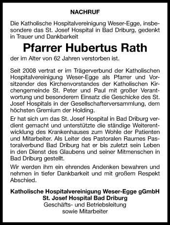 Traueranzeige von Hubertus Rath von Westfalen Blatt