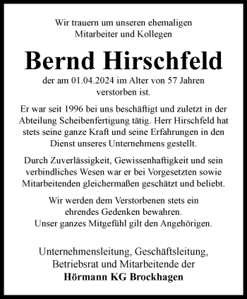 Traueranzeige von Bernd Hirschfeld von Westfalen Blatt