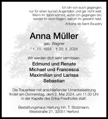 Traueranzeige von Anna Müller von Westfalen Blatt