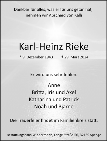 Traueranzeige von Karl-Heinz Rieke von Westfalen Blatt