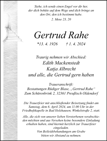 Traueranzeige von Gertrud Rahe von Westfalen Blatt