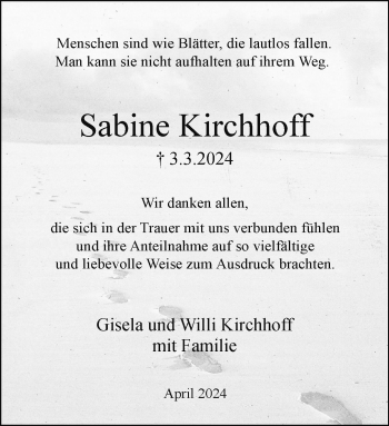 Traueranzeige von Sabine Kirchhoff von Westfalen Blatt