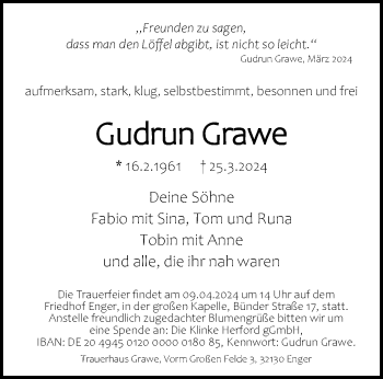 Traueranzeige von Gudrun Grawe von Westfalen Blatt