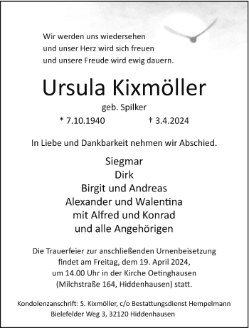 Traueranzeige von Ursula Kixmöller von Westfalen Blatt