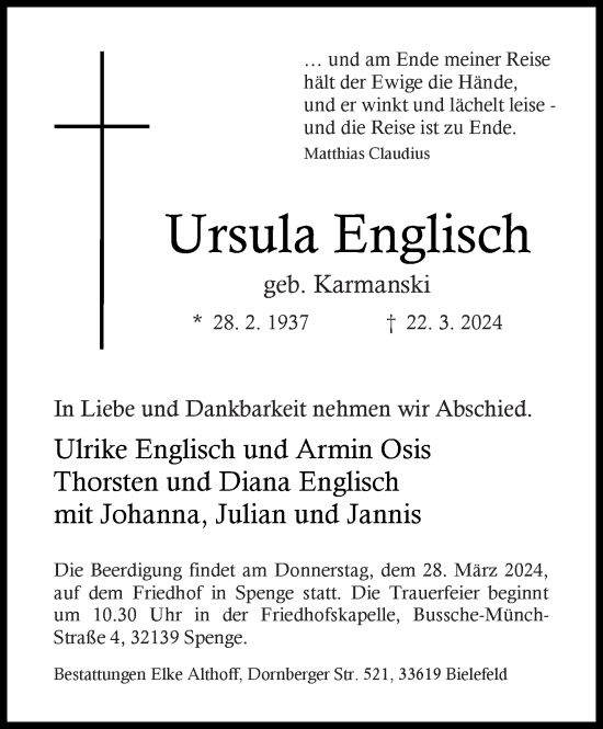 Traueranzeige von Ursula Englisch von Westfalen Blatt