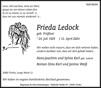 Traueranzeige von Frieda Ledock von Westfalen Blatt