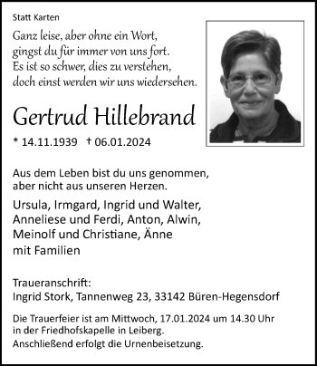 Traueranzeige von Gertrud Hillebrand von Westfalen Blatt