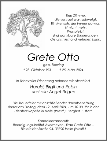 Traueranzeige von Grete Otto von Westfalen Blatt