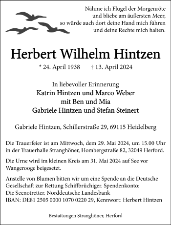 Traueranzeige von Herbert Wilhelm Hintzen von Westfalen Blatt