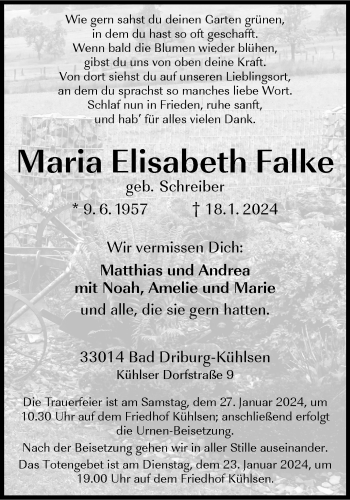 Traueranzeige von Maria Elisabeth Falke von Westfalen Blatt