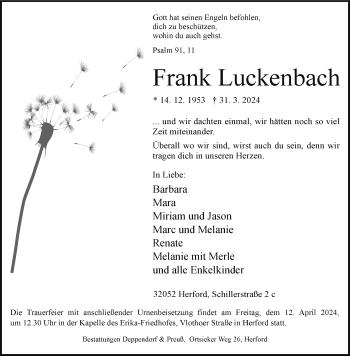 Traueranzeige von Frank Luckenbach von Westfalen Blatt