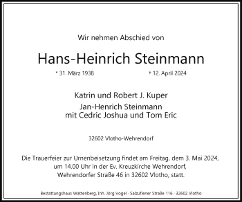 Traueranzeige von Hans-Heinrich Steinmann von Westfalen Blatt