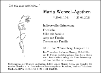 Traueranzeige von Maria Wenzel-Agethen von Westfalen Blatt