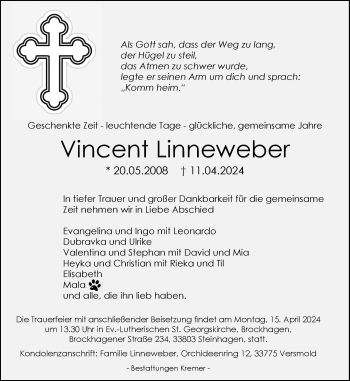 Traueranzeige von Vincent Linneweber von Westfalen Blatt