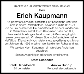 Traueranzeige von Erich Kaupmann von Westfalen Blatt