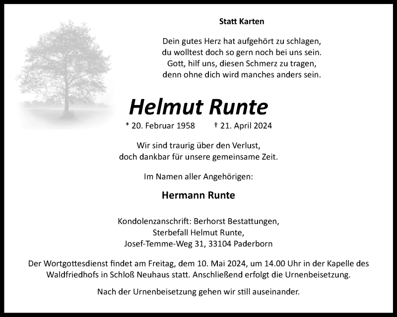  Traueranzeige für Helmut Runte vom 04.05.2024 aus Westfalen Blatt