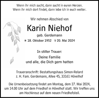 Traueranzeige von Karin Niehof von Westfalen Blatt