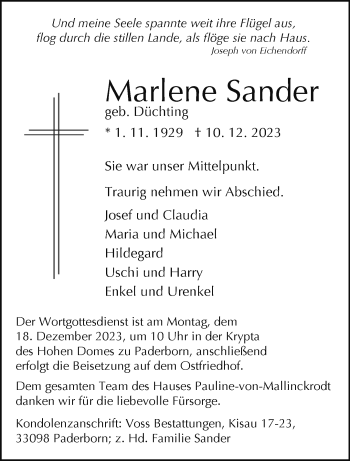 Traueranzeige von Marlene Sander von Westfalen Blatt