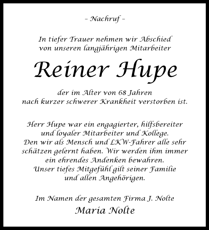  Traueranzeige für Reiner Hupe vom 25.05.2024 aus Westfalen Blatt