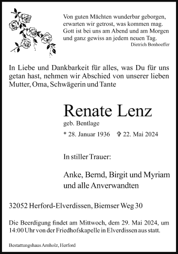 Traueranzeige von Renate Lenz von Westfalen Blatt