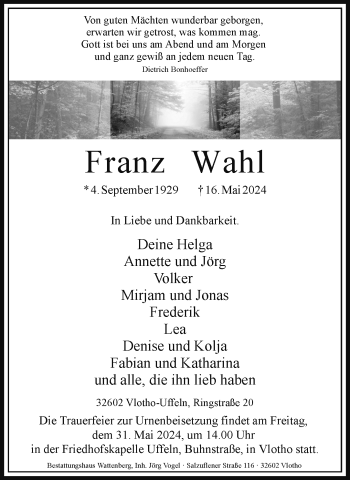 Traueranzeige von Franz Wahl von Westfalen Blatt