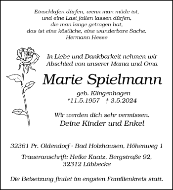 Traueranzeige von Marie Spielmann von Westfalen Blatt