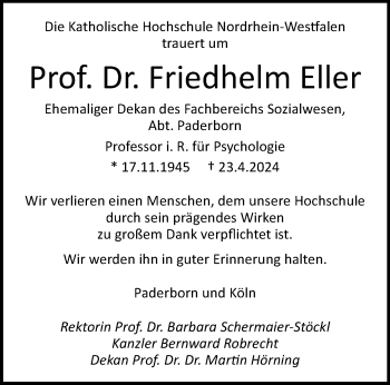 Traueranzeige von Prof. Dr. Friedhelm Eller von Westfalen Blatt