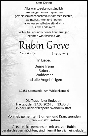 Traueranzeige von Rubin Greve von Westfalen Blatt