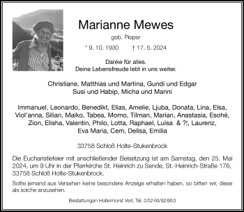 Traueranzeige von Marianne Mewes von Westfalen Blatt