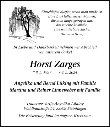 Traueranzeige von Horst Zarges von Westfalen Blatt