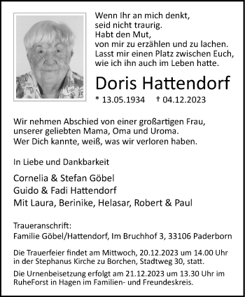 Traueranzeige von Doris Hattendorf von Westfalen Blatt