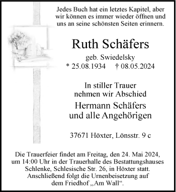 Traueranzeige von Ruth Schäfers von Westfalen Blatt