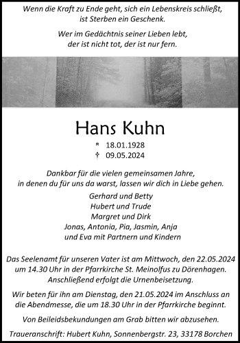 Traueranzeige von Hans Kuhn von Westfalen Blatt