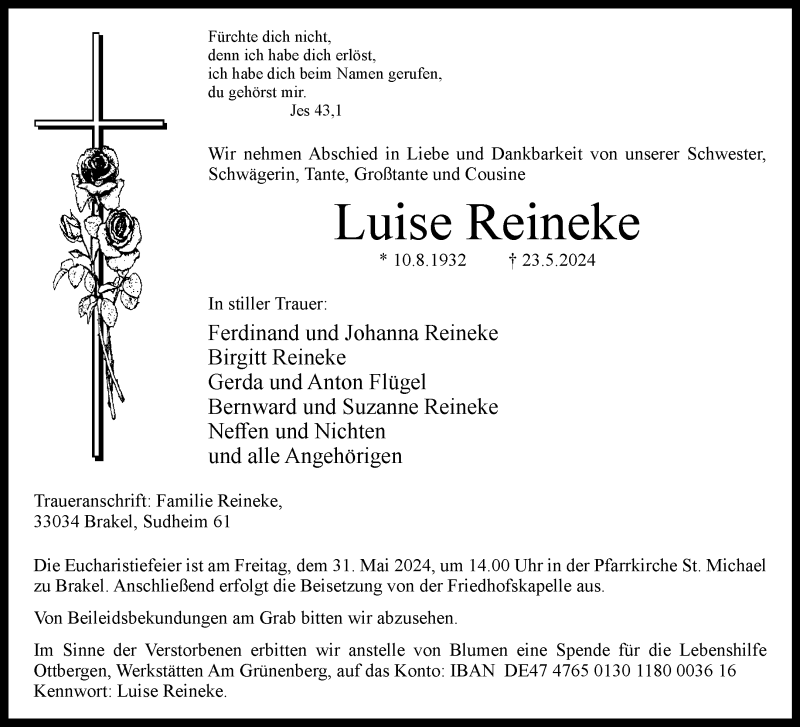  Traueranzeige für Luise Reineke vom 25.05.2024 aus Westfalen Blatt