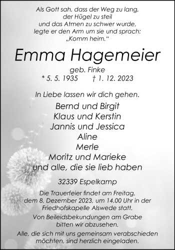 Traueranzeige von Emma Hagemeier von Westfalen Blatt